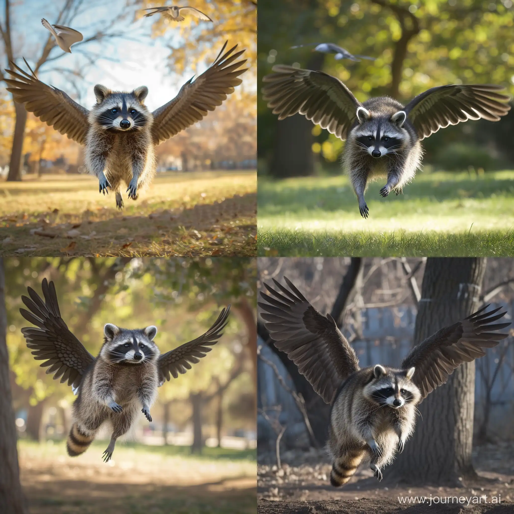 Majestic-Winged-Raccoon-Sailing-Through-Sunlit-Park-AwardWinning-Wildlife-Photography