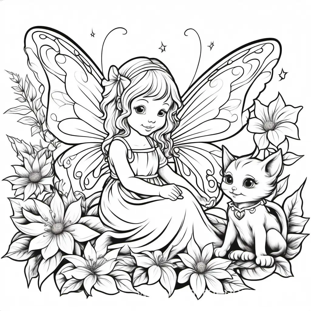 Enchanting-Black-and-White-Illustration-Whimsical-Fairy-and-Kitten