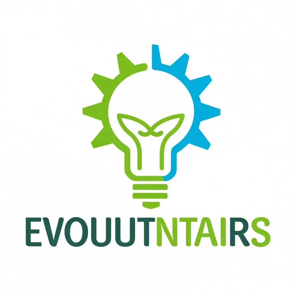 logo, green and blue lightbulb, with the text "Evolutionaries", typography