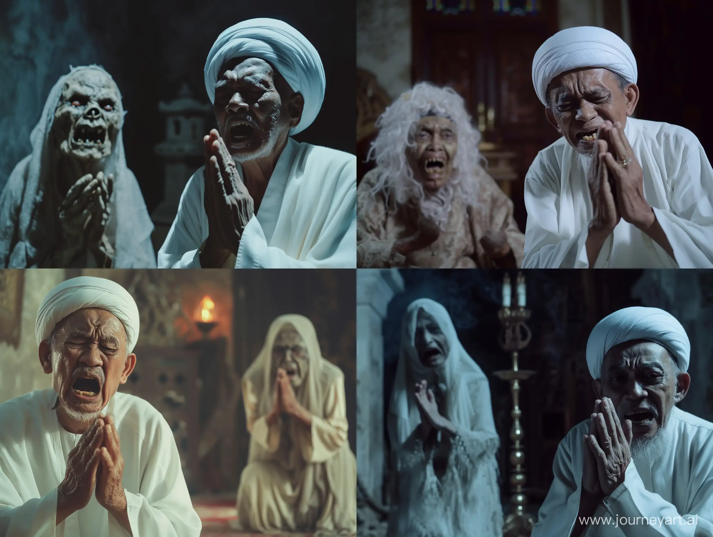 a an old Indonesian Muslim man wearing a white robe and white turban is praying, in front of him is the ghost of a scary old grandmother hysterically. horor movie scene 
