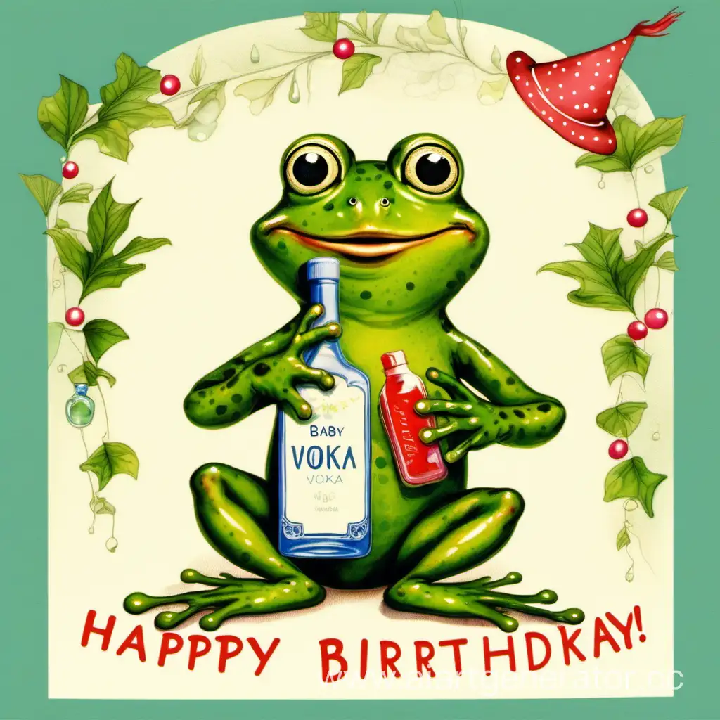 A festive postcard with a frog holding a bottle of vodka on the baby's first birthday