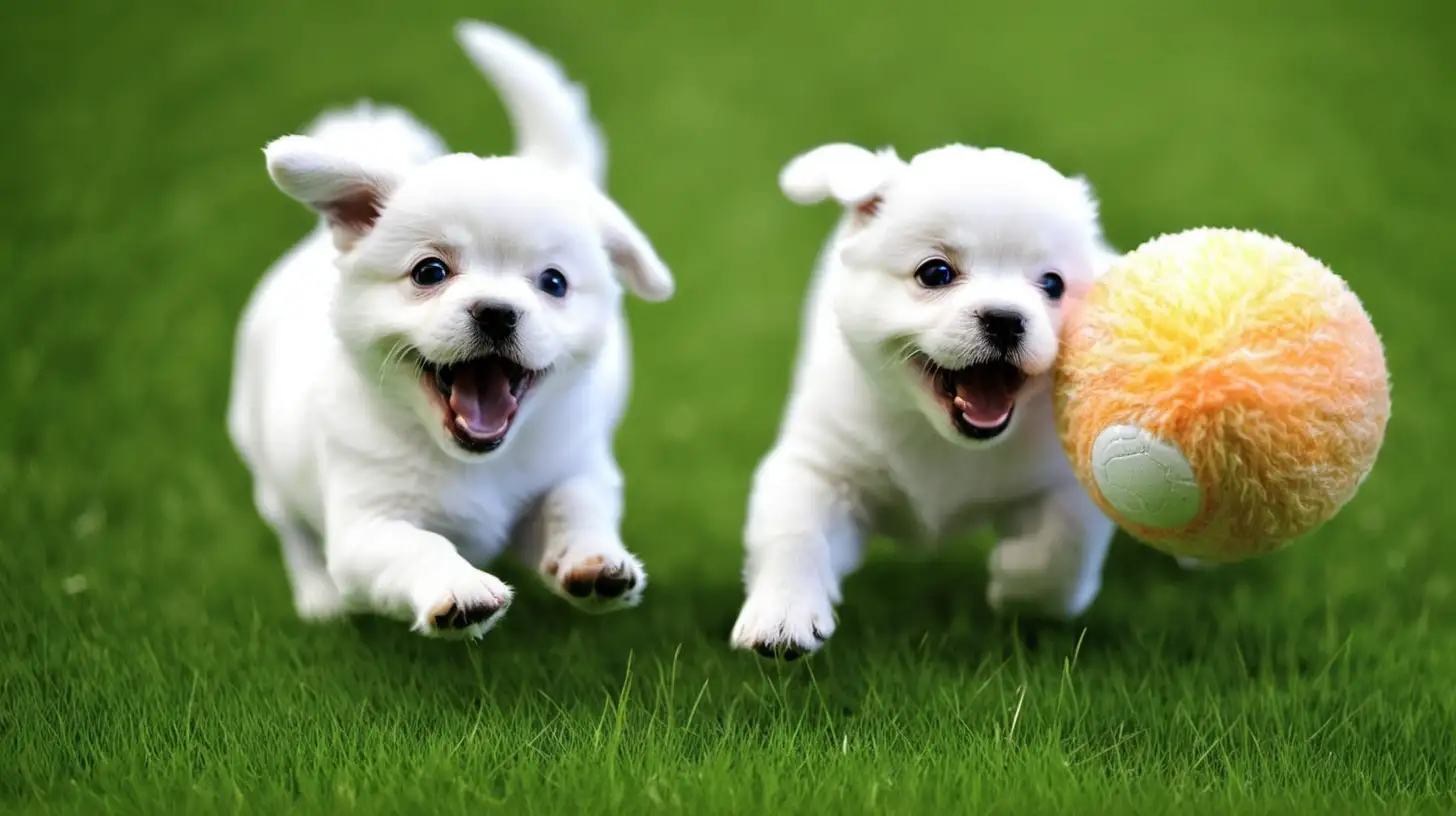 Playful Pups Enjoying a Ball Game in the Lush Green Grass