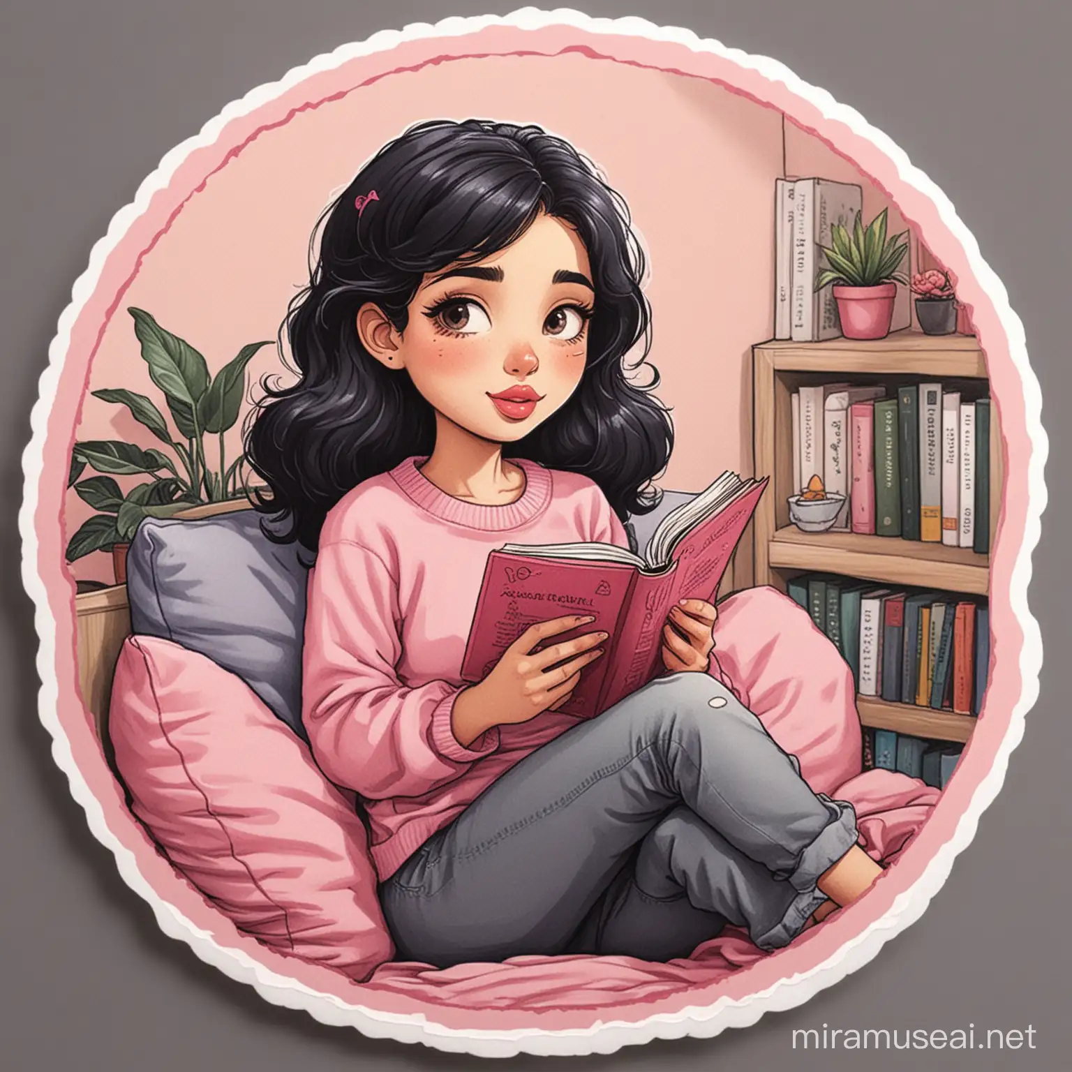 A higher quality illustration sticker of a 27 year old girl reading book, black hair, pink lips, sitting on the reading cozy corner, black outline border 