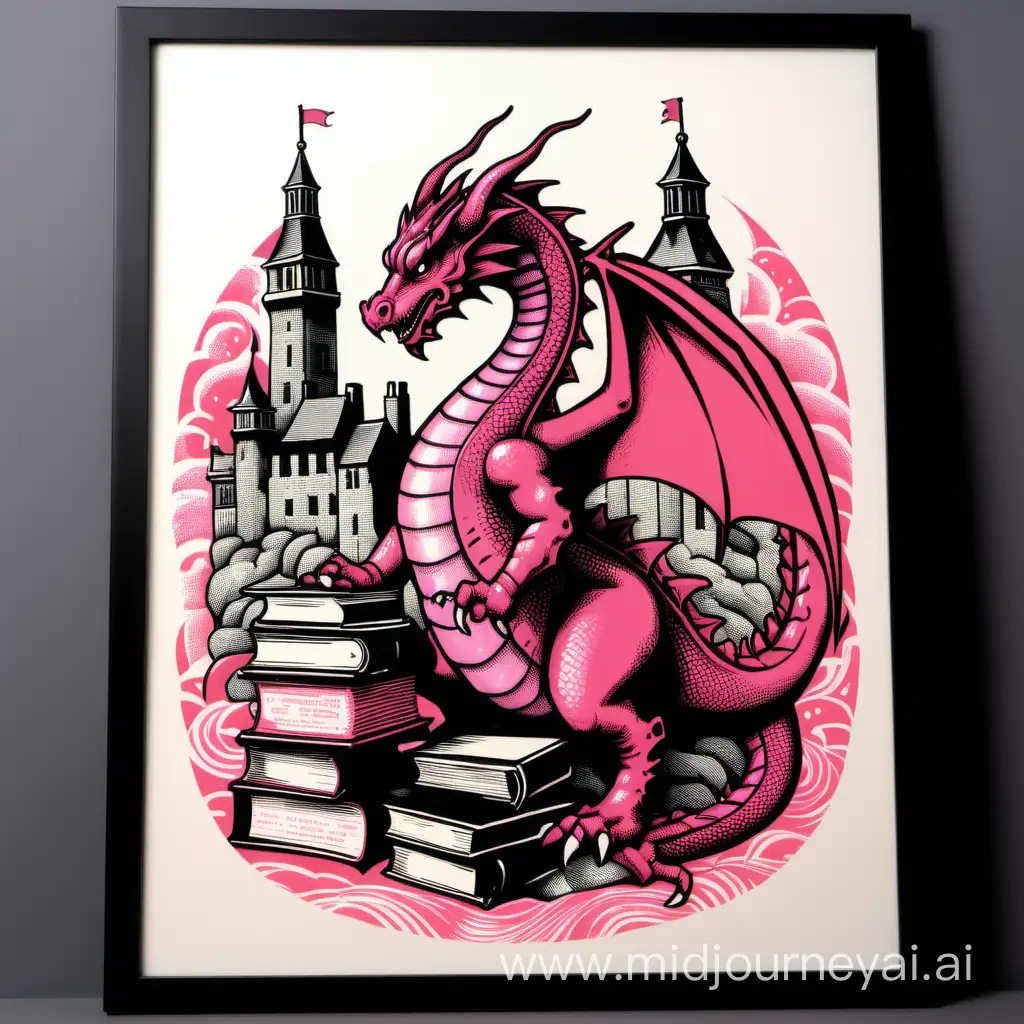 Vintage Pink Dragon Guards Old English Book Town