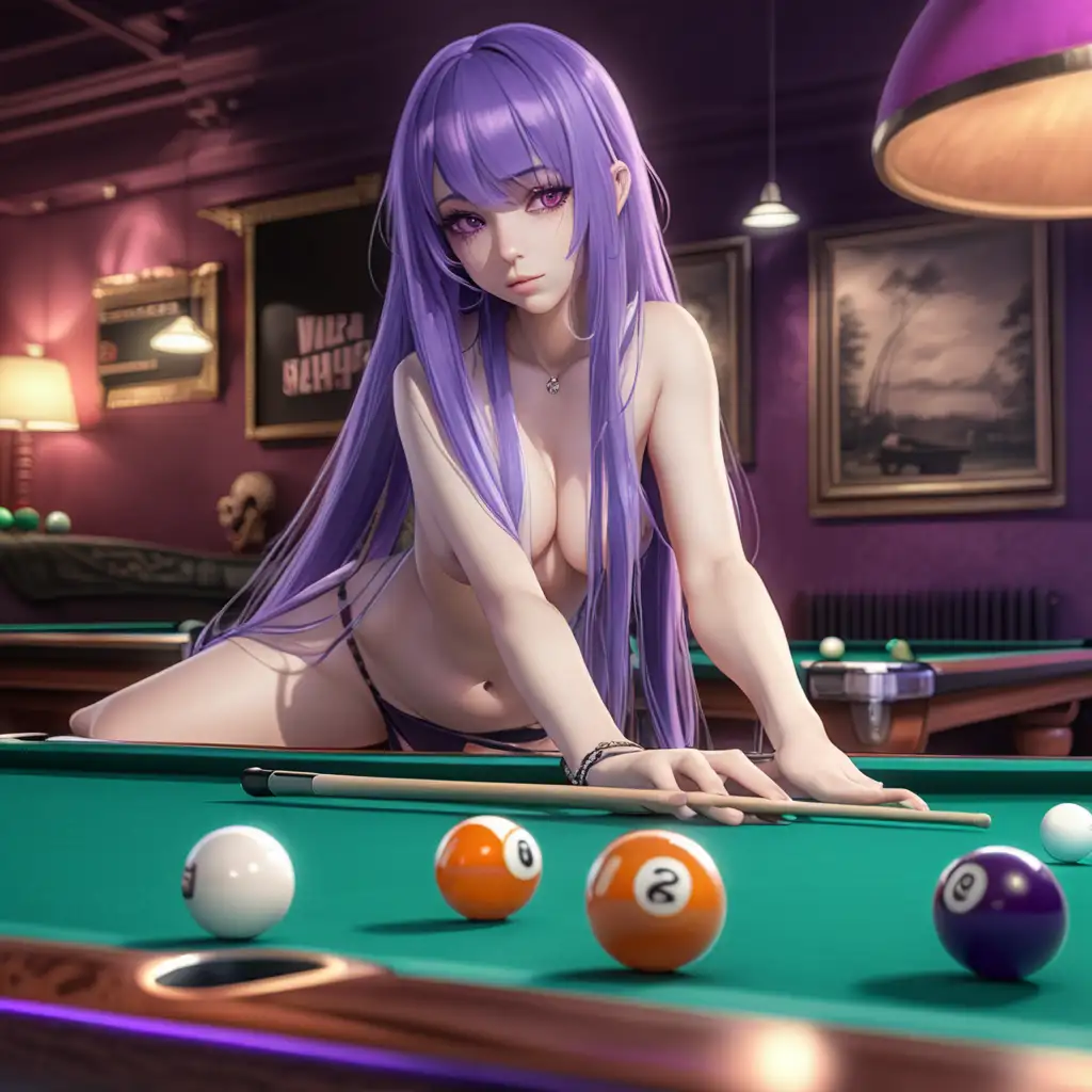 Mujer waifu con pelo purpura largo, jugando al billar en topless