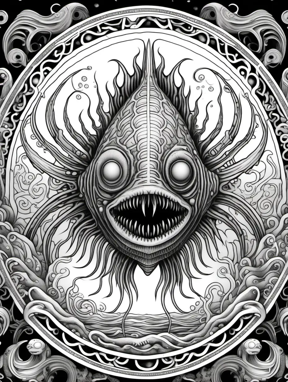 Adult coloring book page. High details. Black and white. No grayscale. Open spaces for coloring. Perfect symmetry mandala scaled for ar 3:4. Terrifying eldritch fish monster rising from ocean, in style of H.R. Giger