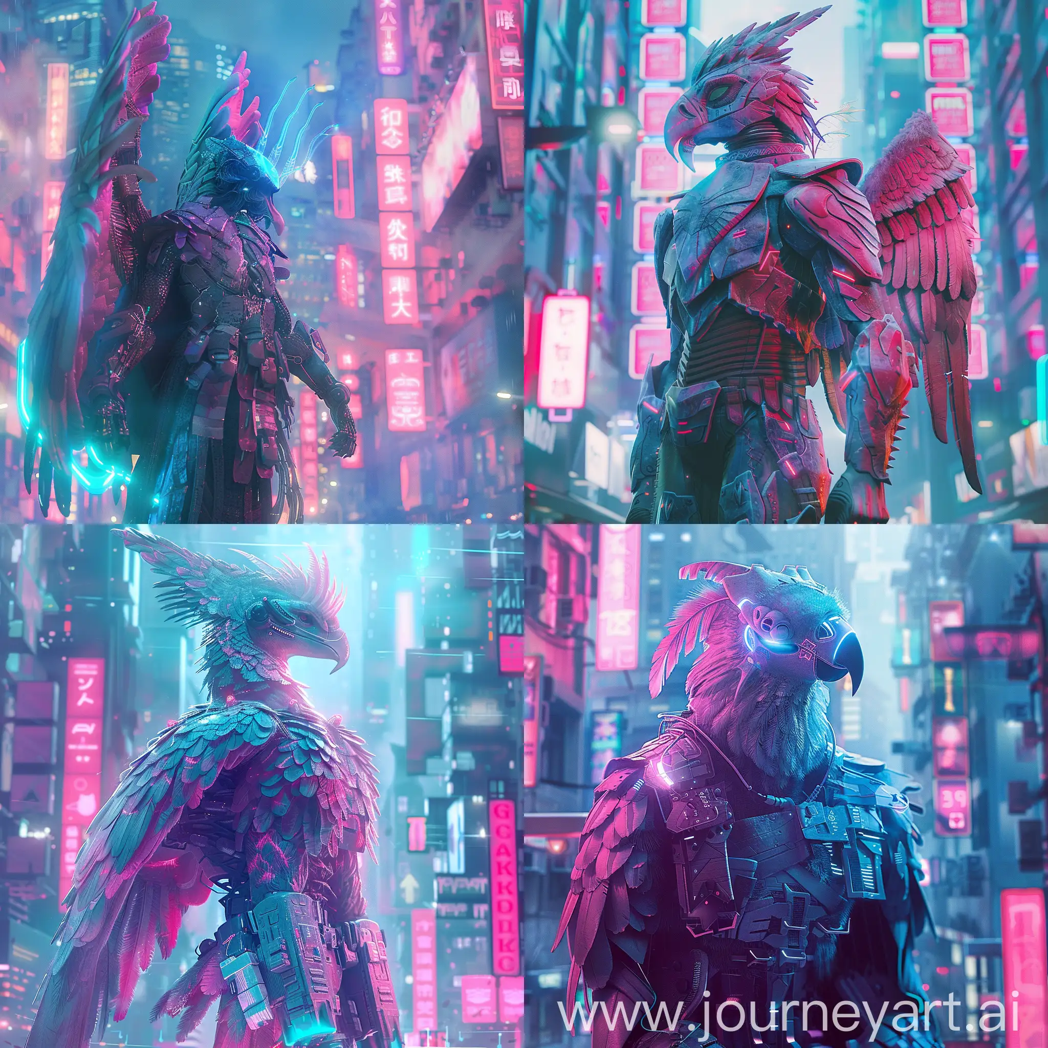 Garuda mythology character in a cyberpunk city, with subtle pink and blue gradients, neon lights, backlight, pastel colours, sci-fi, realistic, futuristic, techpunk, fantasy art.