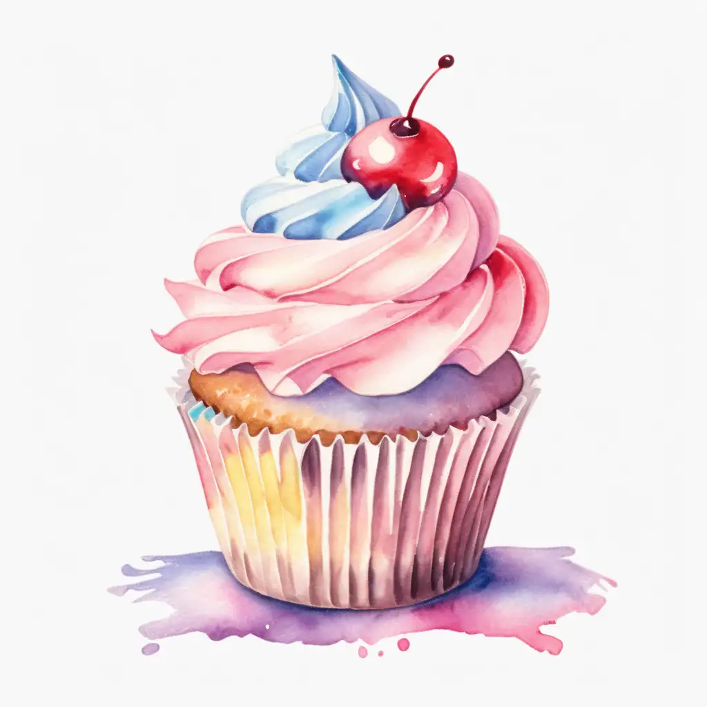 Watercolor styled, single cupcake with no background