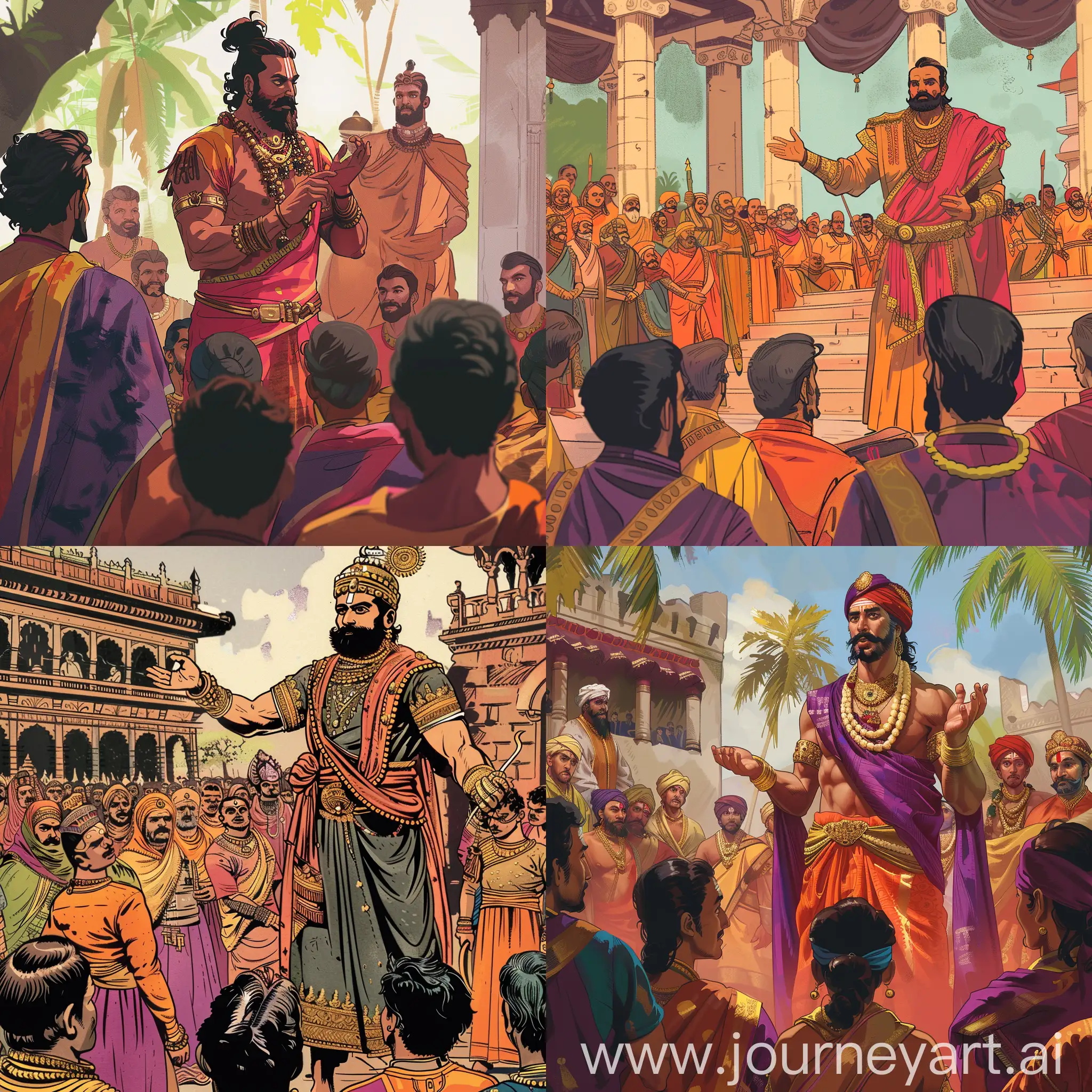 Shivaji in his royal court, addressing his loyal followers, comic style