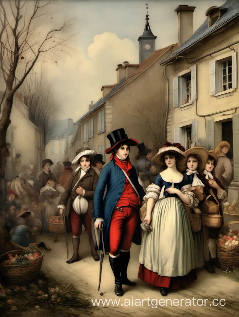 Самое начало весны, примерно 3 марта, в французском селе в стиле революционной франции 1800 года, изображение в стиле картин 19го века