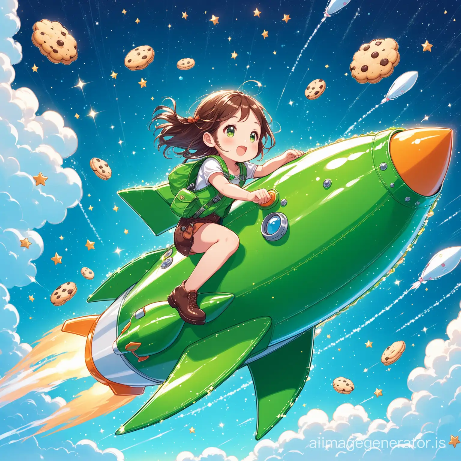 A cute girl riding a green rocket  with details flying in the sky.
We also see cookies  falling in the sky with details
Small bubbles are scattered in the sky with details
Details are evident beautifully and with great precision
