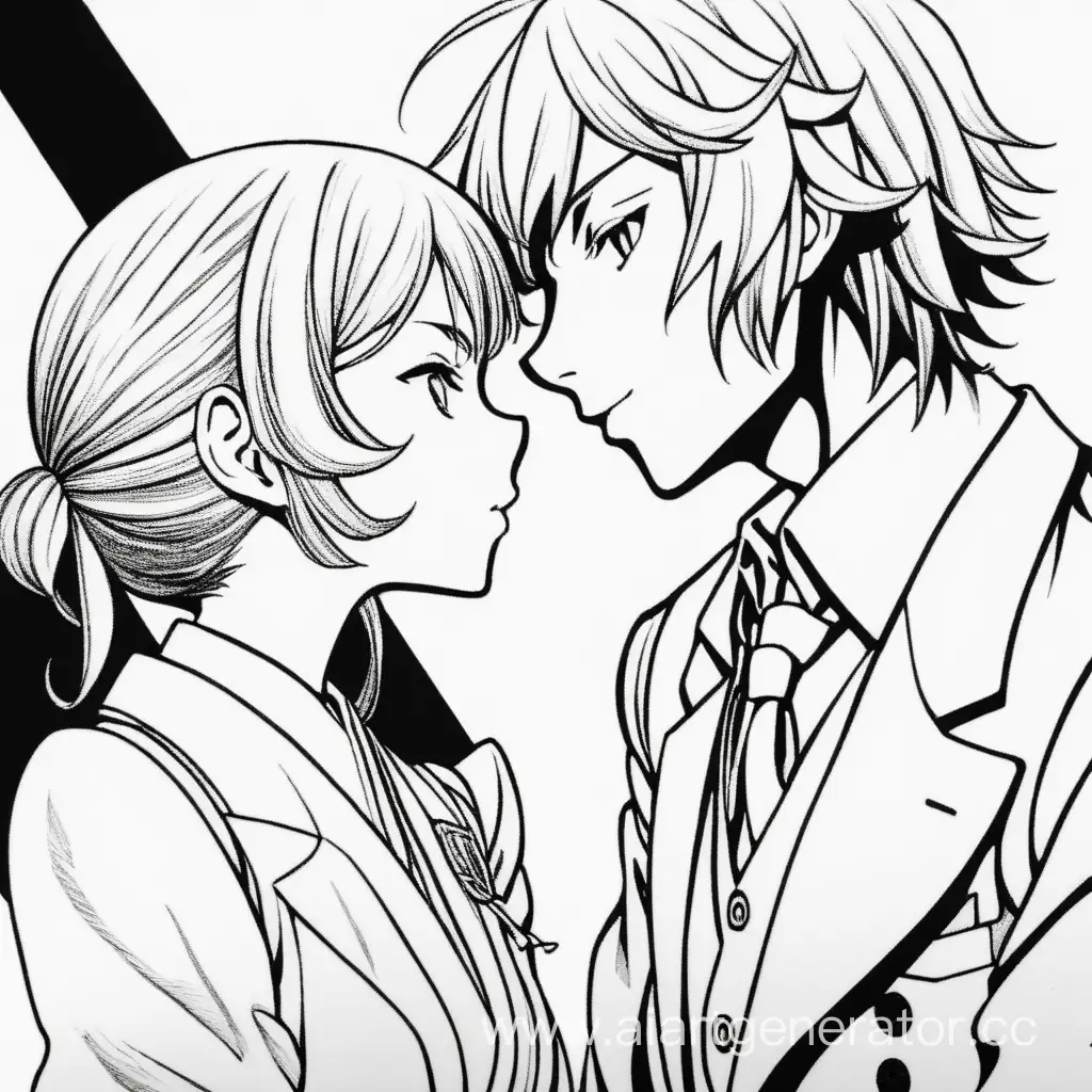 The kiss of Sakunosuke Oda and Yosano Akiko from the manga "Bungou Stray Dogs", drawn in the manga style.