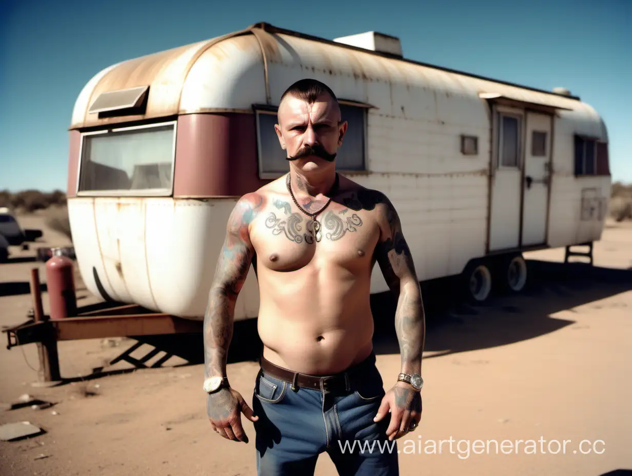 strong Australian man similar to Chopper, with a bulky body with thick arms and crappy tattoos, horse shoe mustache, and Slavic haircut, standing out in the desert wasteland in front of an old extended 1970s mobile trailer home used for cooking drugs