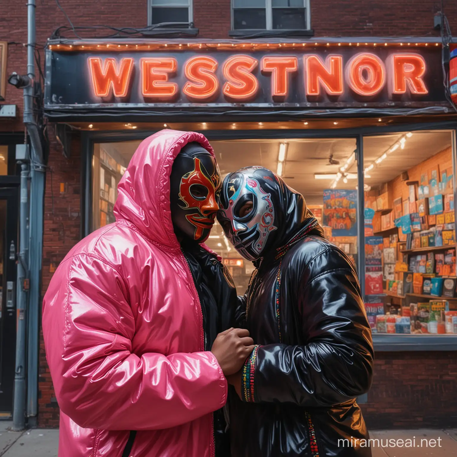 Urban Luchador Couple Embracing in Front of New York City Bodega