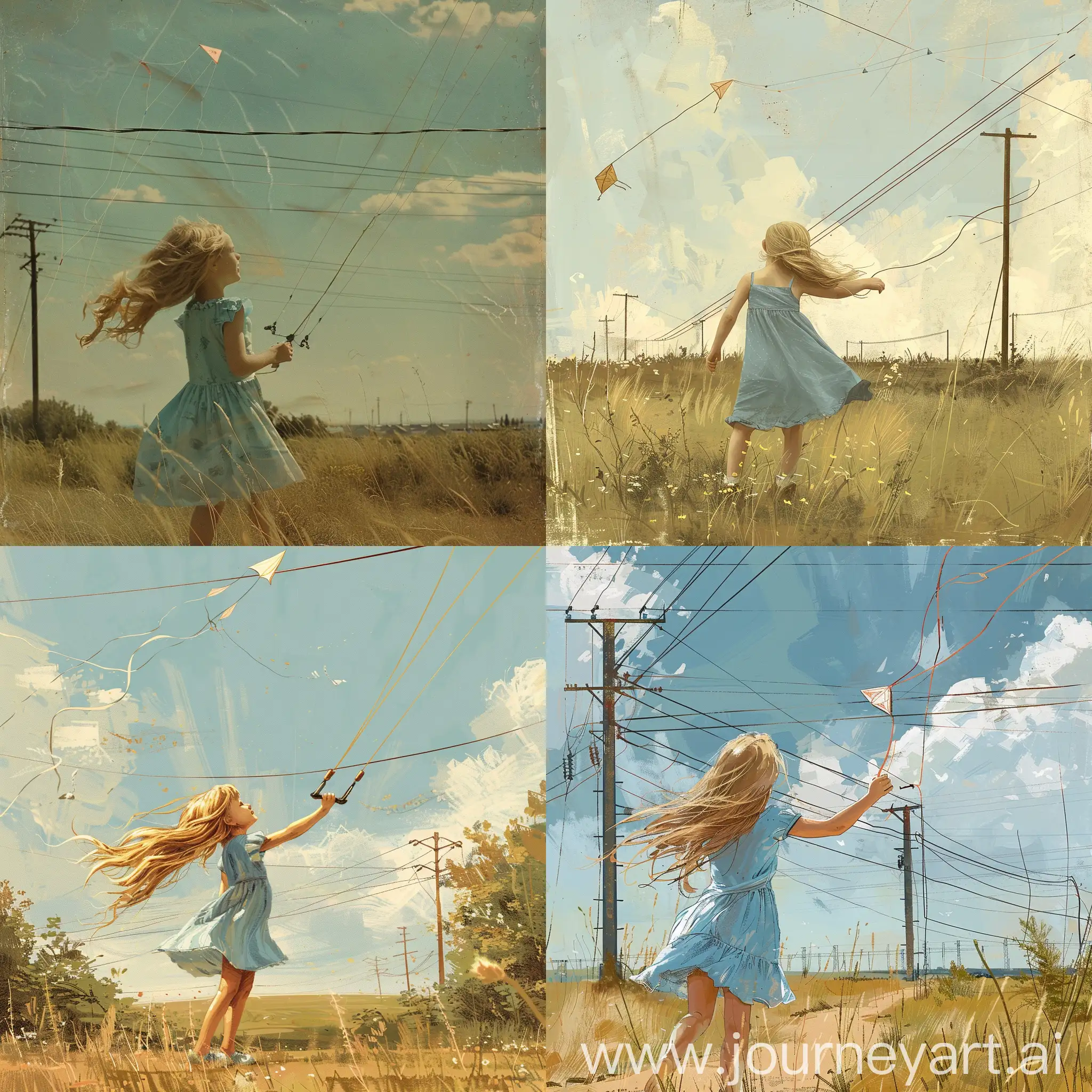 летом маленькая девочка со светлыми длинными волосами в летнем синем платье играет с воздушным змеем в воздухе, на фоне луг и линии электропередачи,  