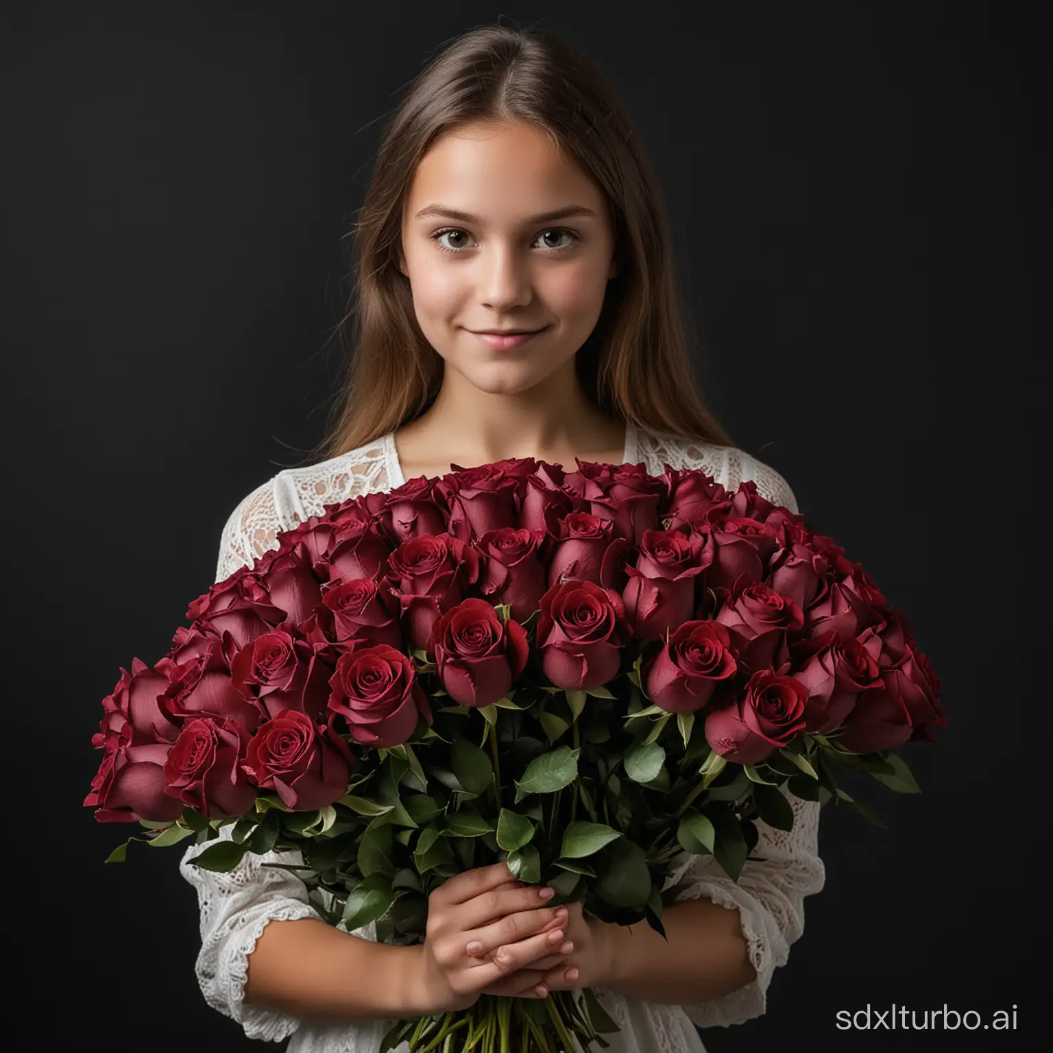 The girl holds 101 burgundy roses of the Madame Red variety in her hands. Behind the girl is a monochrome black background. The girl is in semi-darkness behind. But the bright evenly diffused light falls evenly on the girl herself and on the bouquet of roses. The girl is about 35 years old.