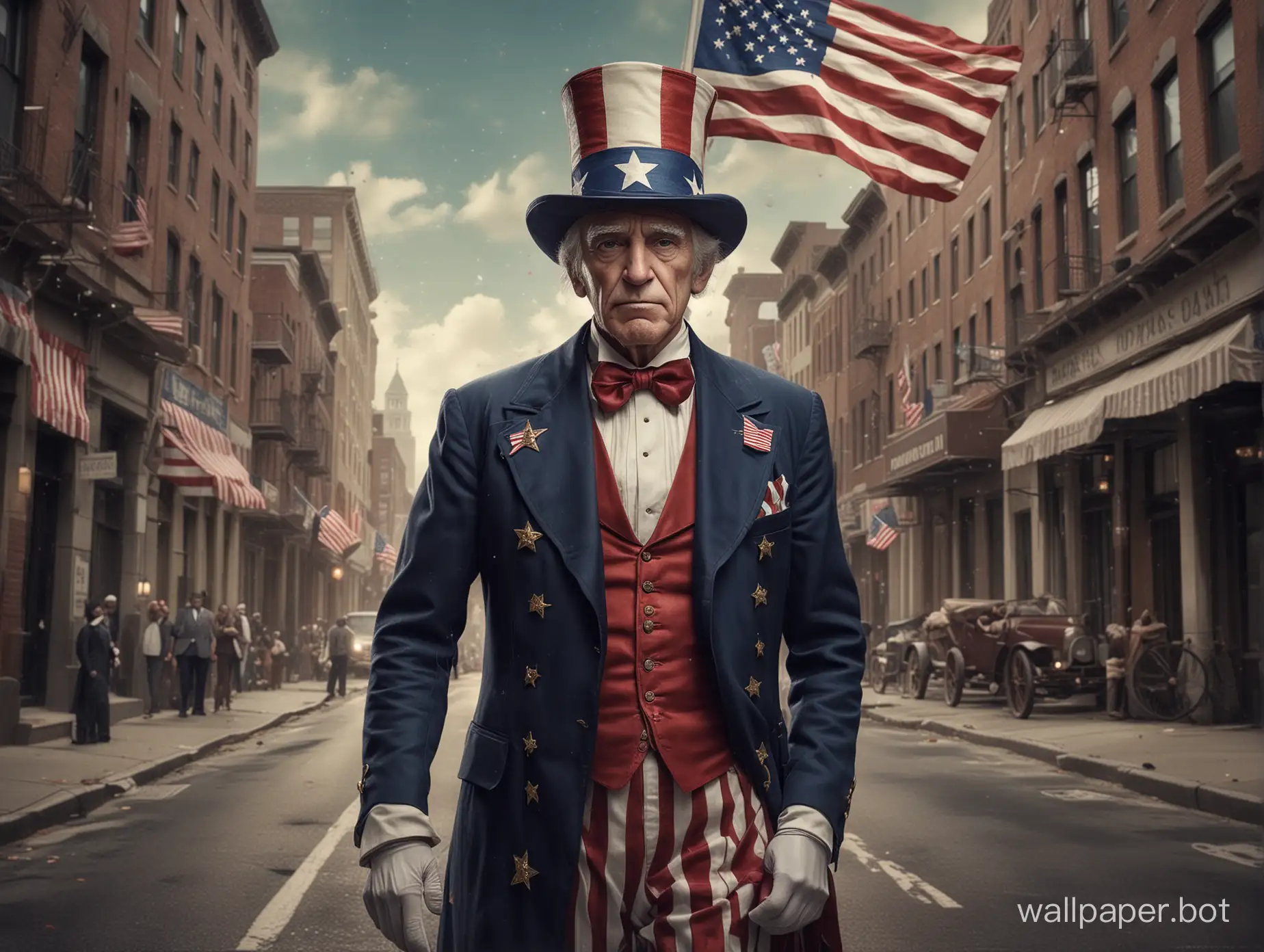 A captivating, cinematic image of Uncle Sam, the personification of the United States. Dressed in his traditional suit, adorned with stars and stripes, The background is a bustling city street, with a blend of old and modern architecture. The overall tone of the image is a mix of intrigue and satire, offering a clever social commentary on the effects of inflation., cinematic, photo
