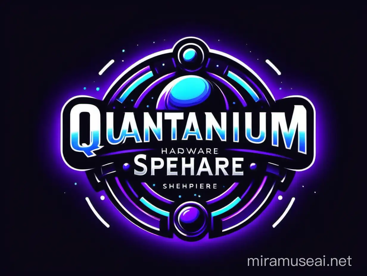 draw a logo for a hardware store wuth name QuantaniumSphere. Where is using new technologies, works, and. are used. The company colors are black, white, azure and purple neon. 