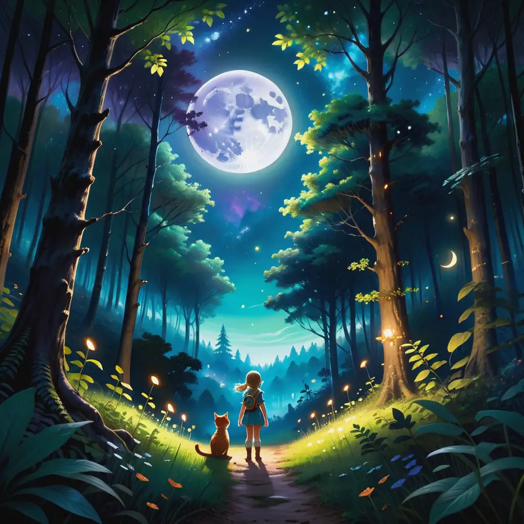 Enchanted Forest Adventure with Elves Cat and Boy under a Starry Night