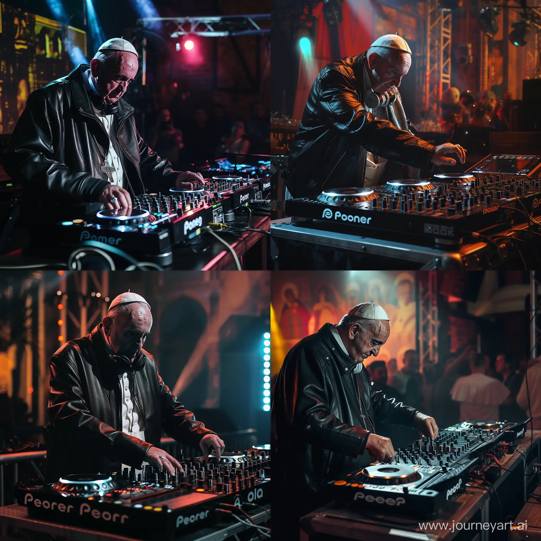  (Pope Francis) wearing leather jacket is a DJ in a nightclub, mixing live on stage, giant mixing table, 4k resolution, a masterpiece