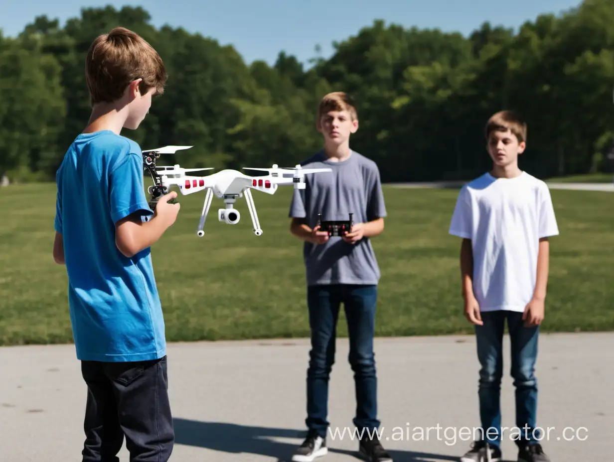 a teenage boy launches a drone, two boys stand nearby