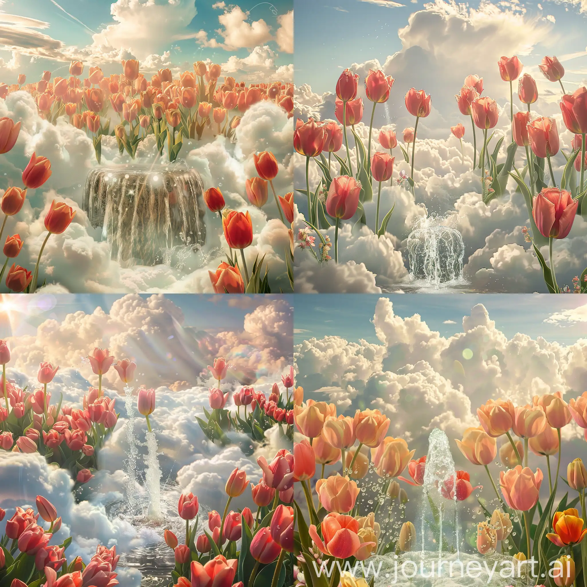 تصویری از گل های لاله که در آسمان و میان ابرهای قرار دارند و چشمه آب در میان لاله های وجود دارد