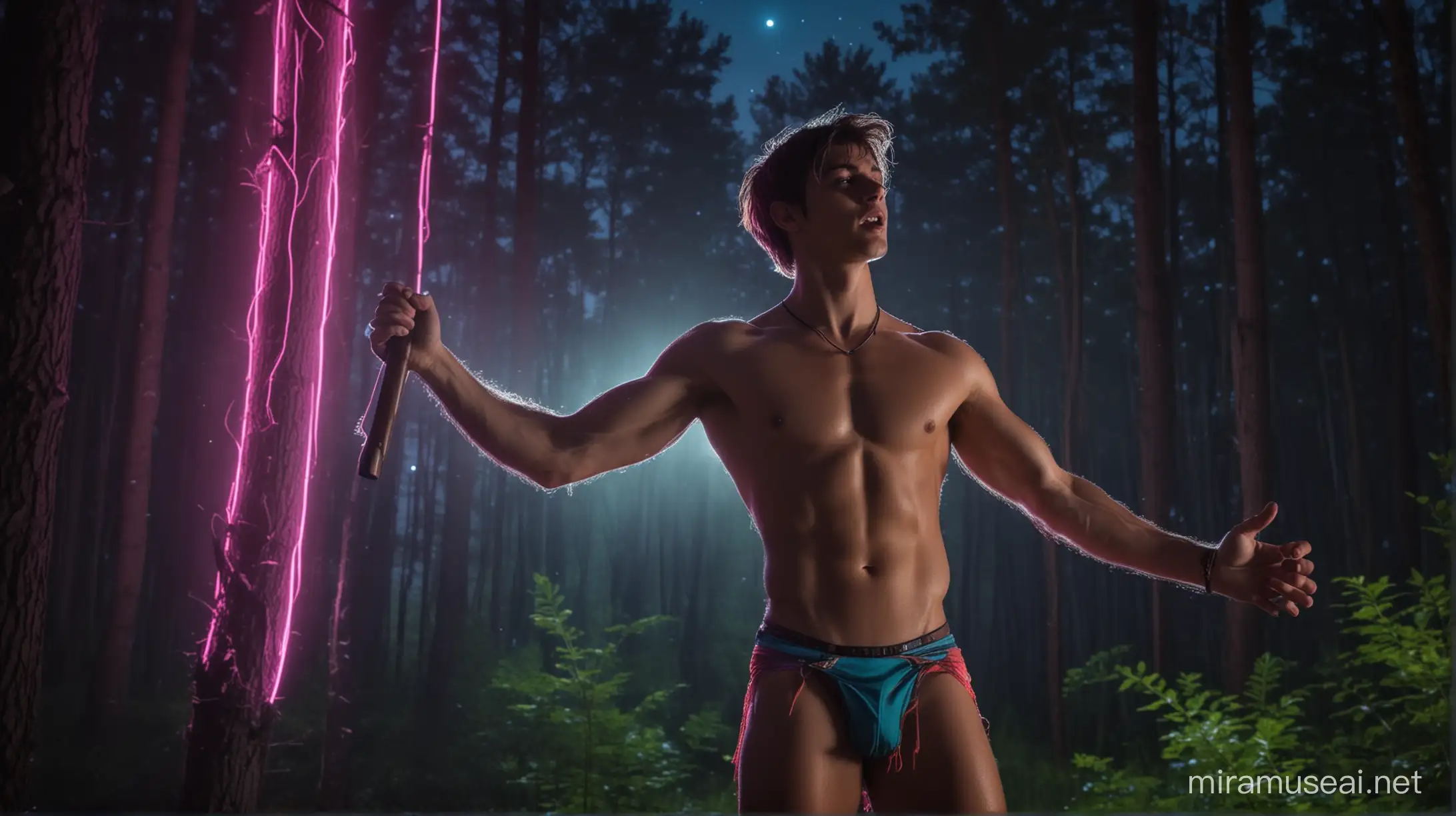 Young sexy muscular teenboy in loincloth singing in the middle a forest by night with a neon colors ambient 