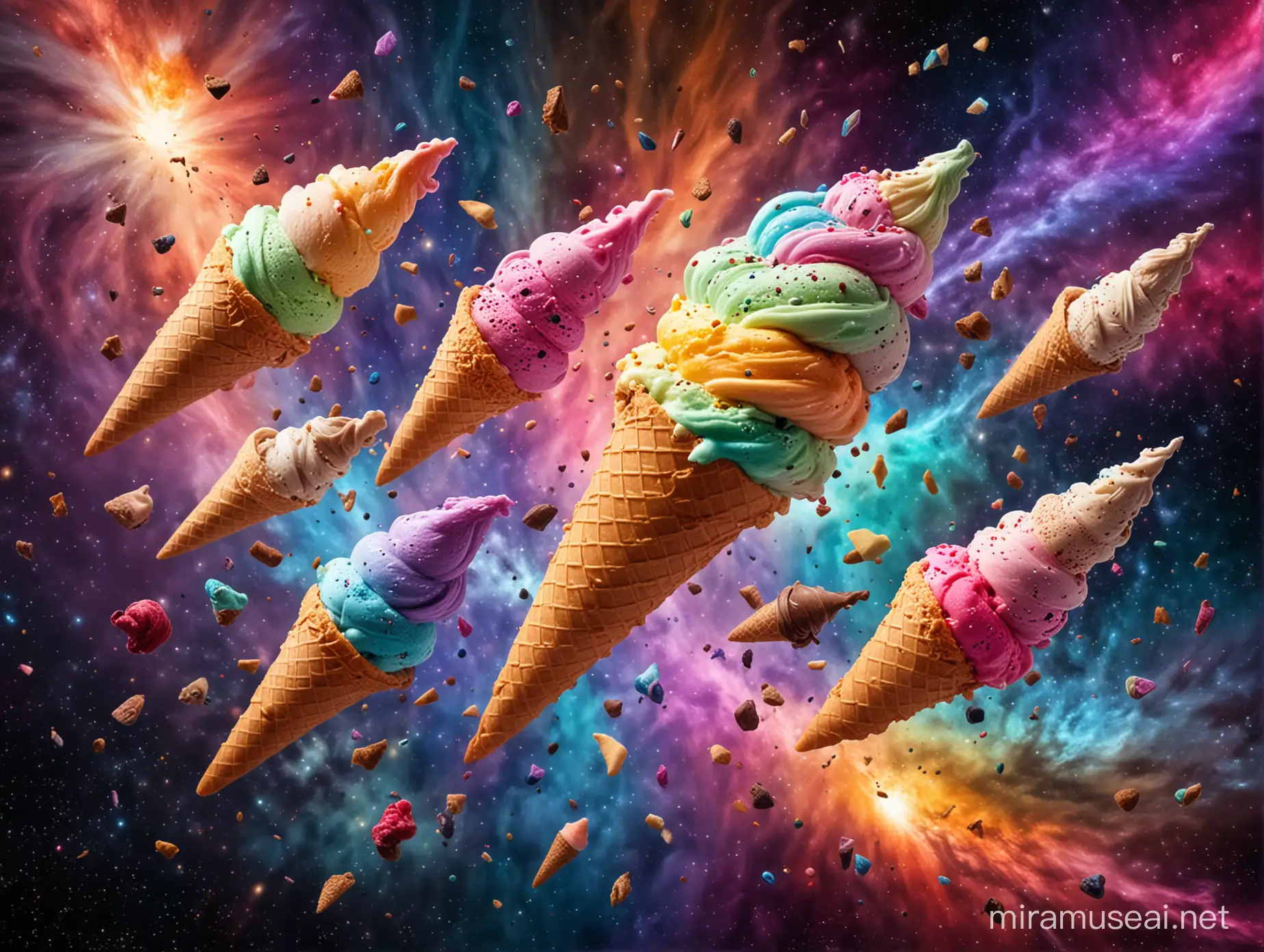 ice cream cones flying through outer space, explosion of colors