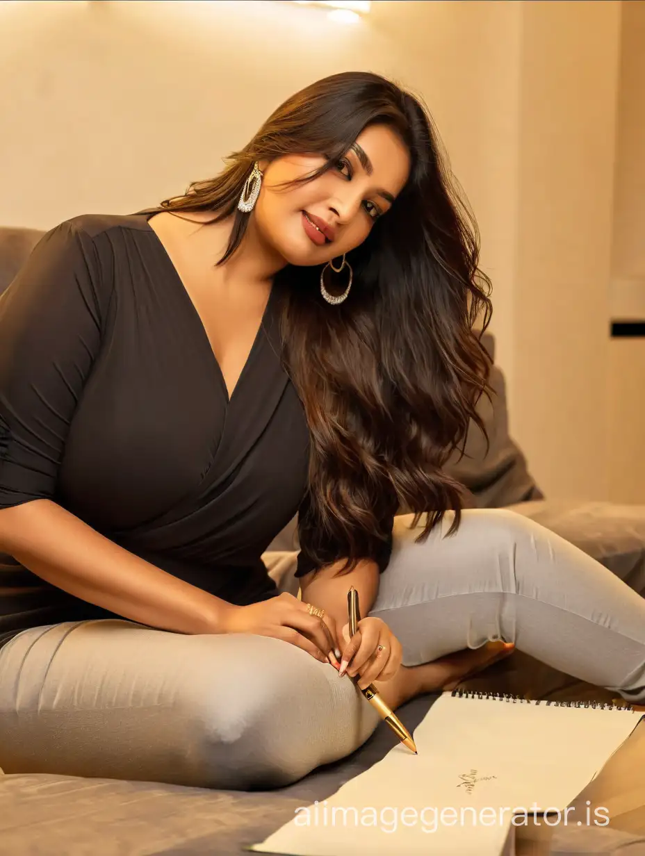 Indian-Plus-Size-Woman-Drawing-in-Casual-Attire-at-Home
