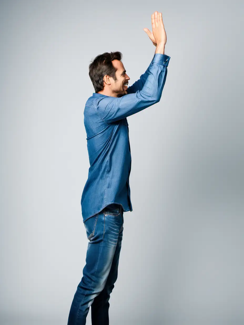man with blue long sleeve shirt high fiving, blue jeans, side view, full body, 