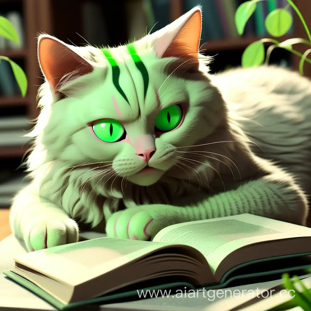 Кот с зелёными глазами читает книгу