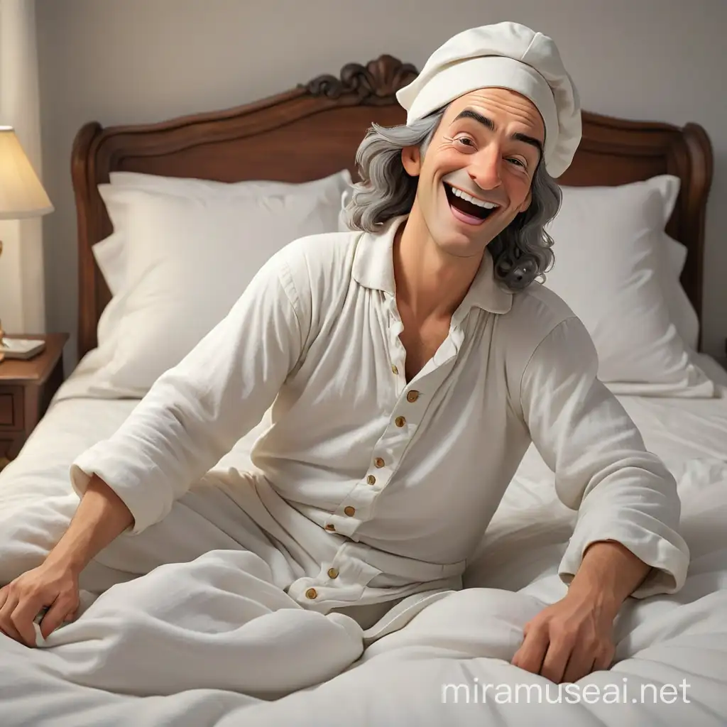 The philosopher Voltaire lies in his 18th century pajamas on white sheets in his bed. He is very happy and smiling. There is a cap on his head. WE see him in full growth, with arms and legs. In the style of 3D animation, realism.
