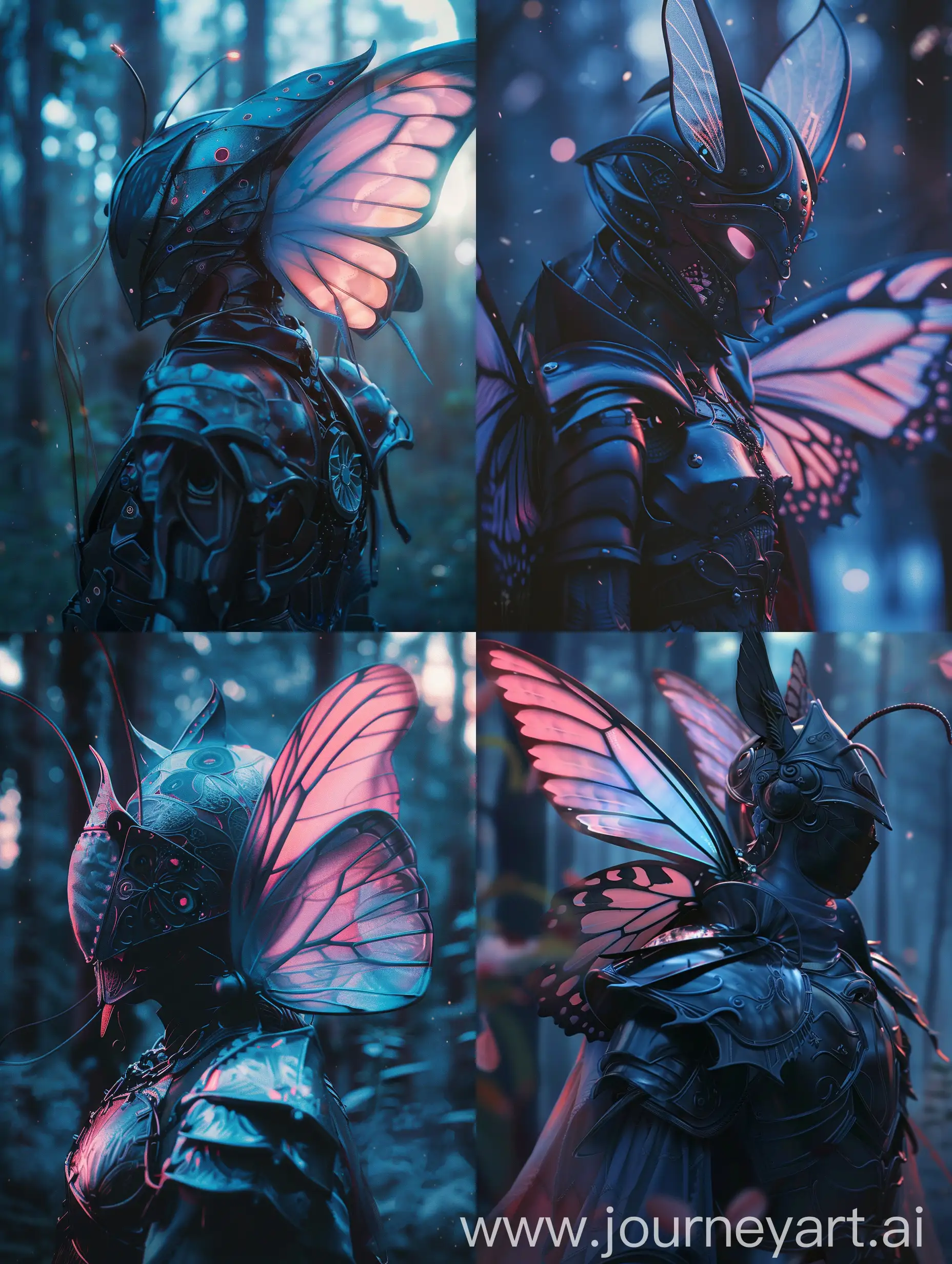 fictional character with butterfly wings and armor, fantasy, close up portrait, realistic, high detailed, ultra quality, darkness, with subtle pink and blue gradients, Moonlight enveloping attire forest