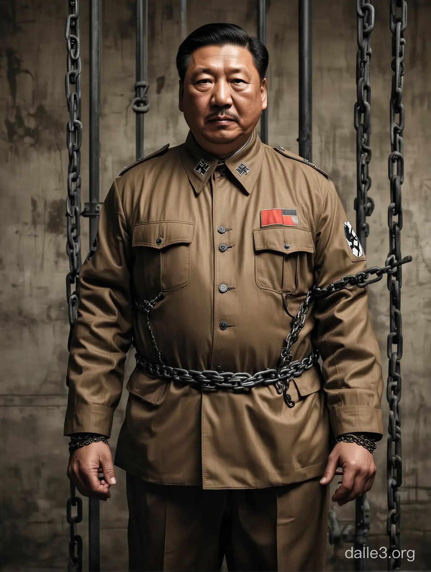 A character, he is Xi Jinping. Very angry face, He is the Hitler of the 21st century, and now he is in prison with his president clothes suits. His cell has huge iron bars, and behind him is an endless abyss. His face is huge and evil, his hands are handcuffed with huge iron chains, his arms are wearing Nazi symbols, and he wears an iron cross on his chest. Except for his face, the iron chains on his wrists and arms, the Nazi symbols, and the huge prison bars, his upper body needs to be blurred and behind him is an endless abyss. The iron cross is red, and the armband is also red, hyper realistic 