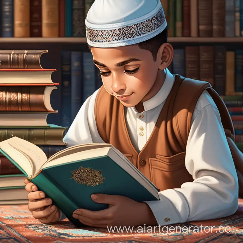 Young-Muslim-Boy-Engrossed-in-Educational-Reading