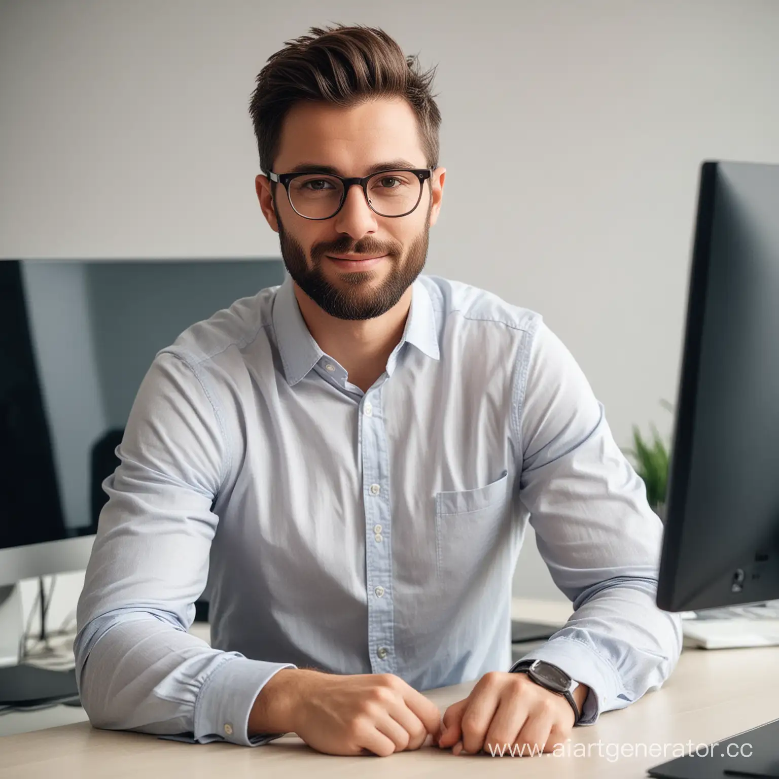30 years old man in glasses with a short beard sitting at a modern computer in a bright office, he is in a good mood, looking at me, professional photo, high quality, correct anatomy
