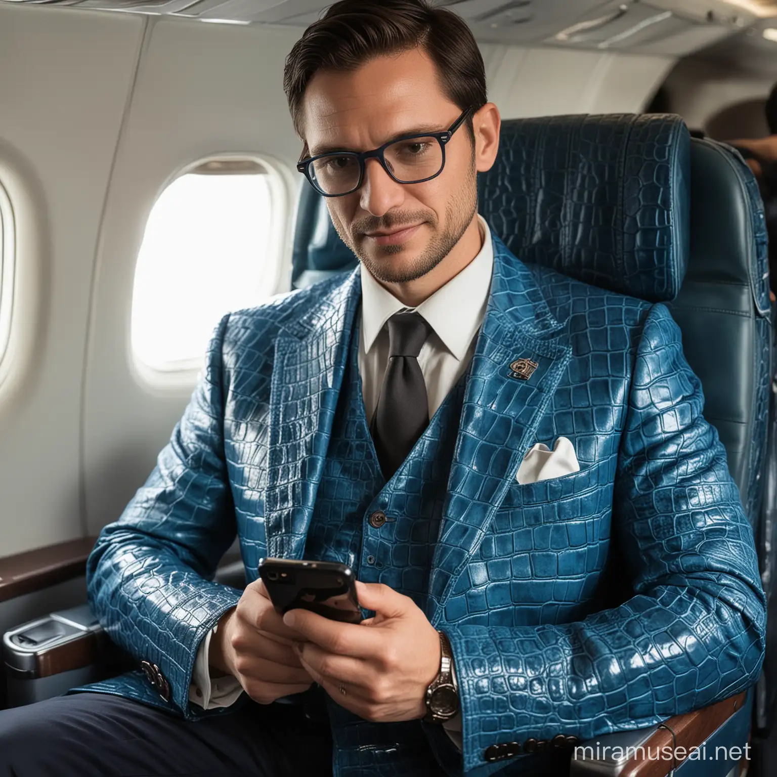 一位拿着手机的绅士在蓝色鳄鱼皮做的飞机上