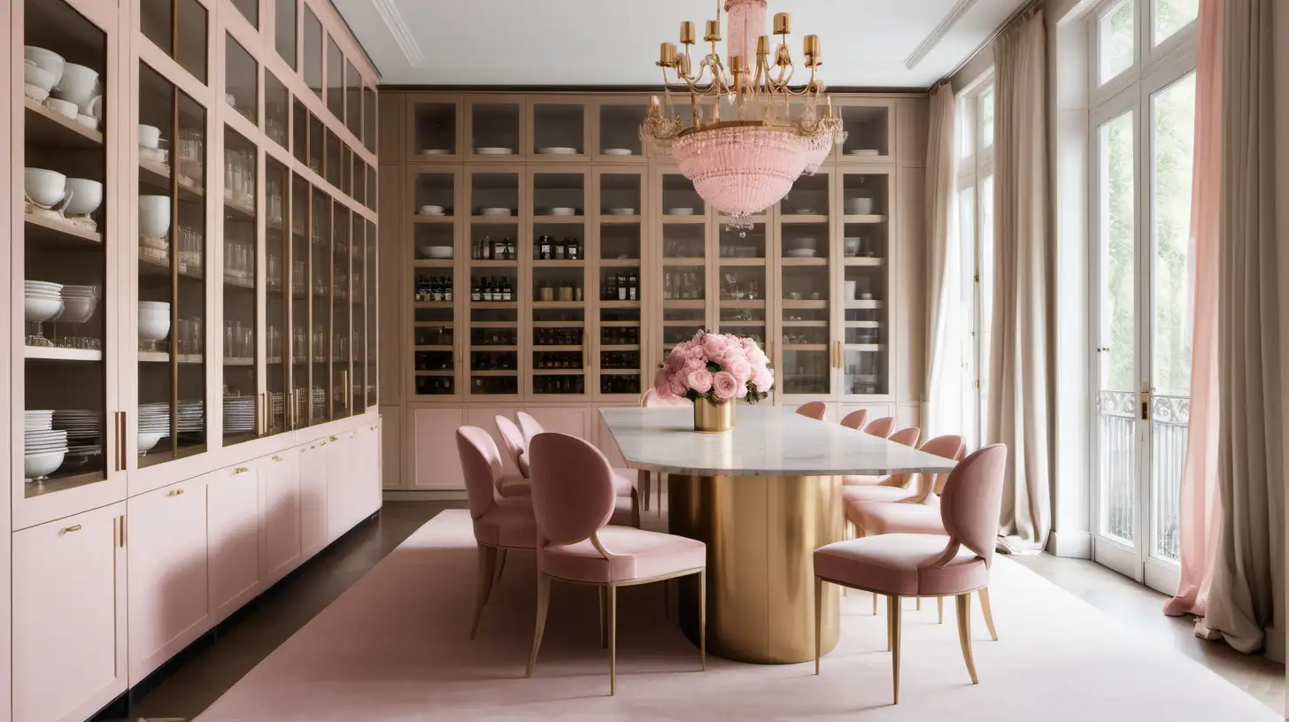 Elegant, large , Minimalist Parisian butlers pantry; Beige, Oak, Brass, soft pink colour palette; floor to ceiling windows; sheer curtains; chandelier