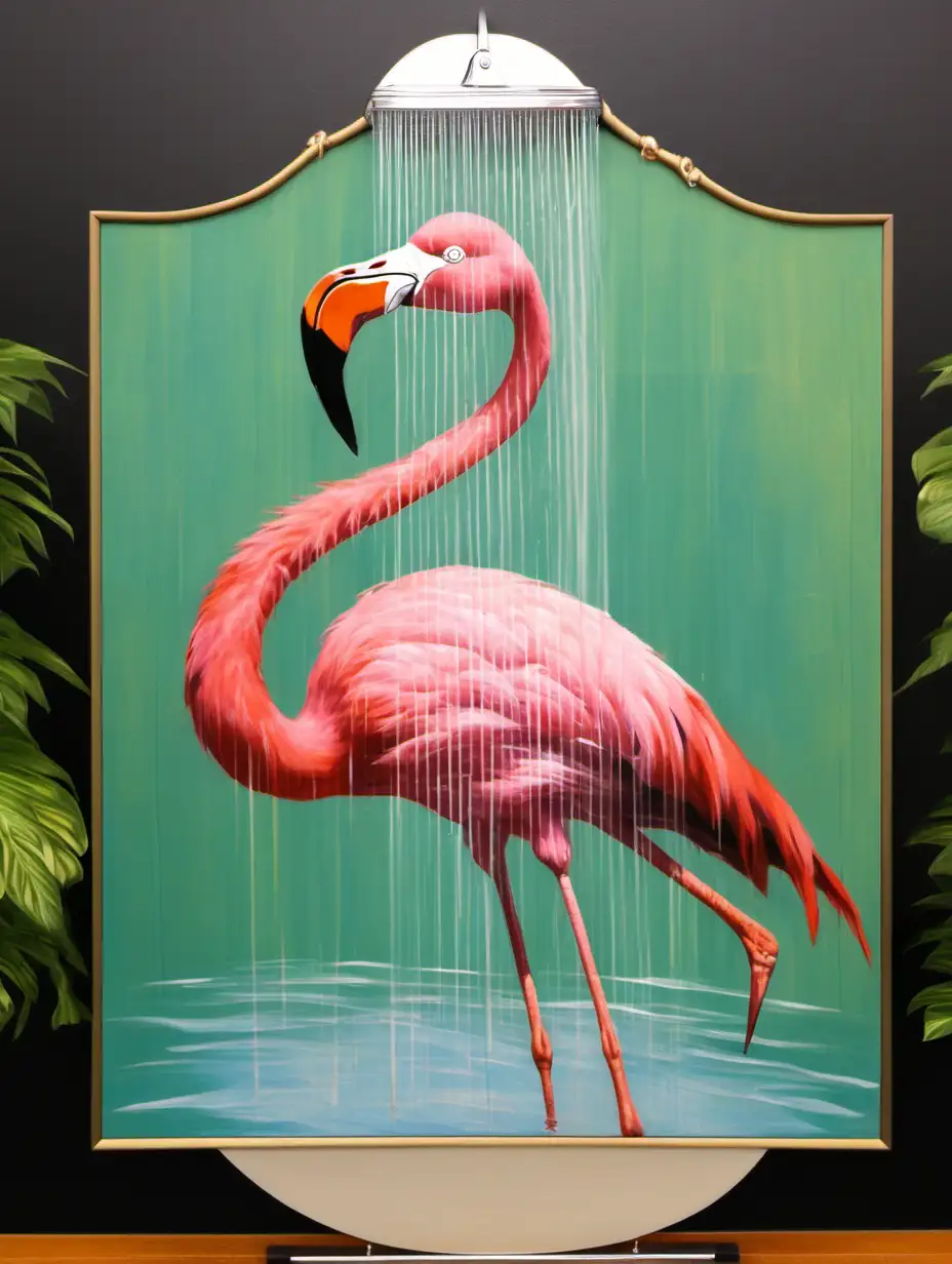 Oil Painting, mid century of a flamingo taking a shower