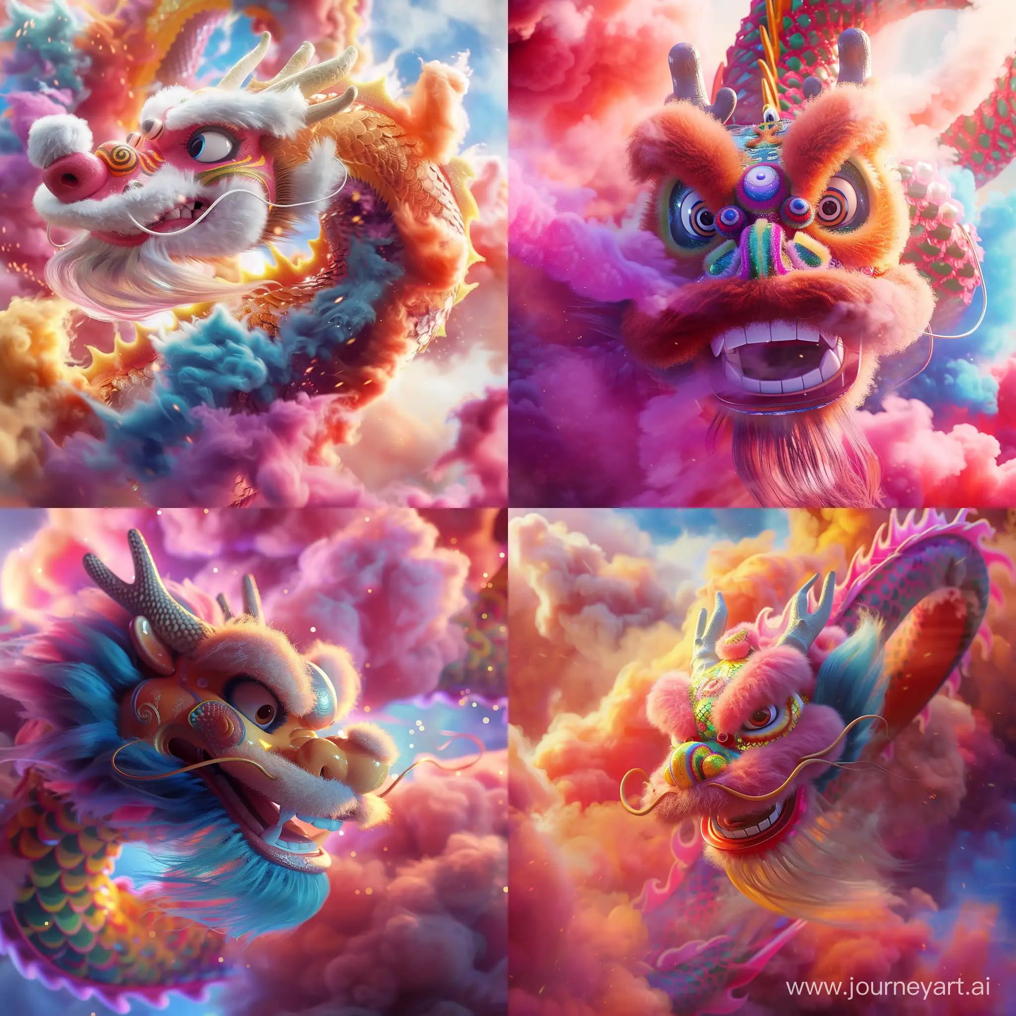 中国龙在五彩的云中飞翔，脸部特写，喜庆的氛围，皮克斯动画风格