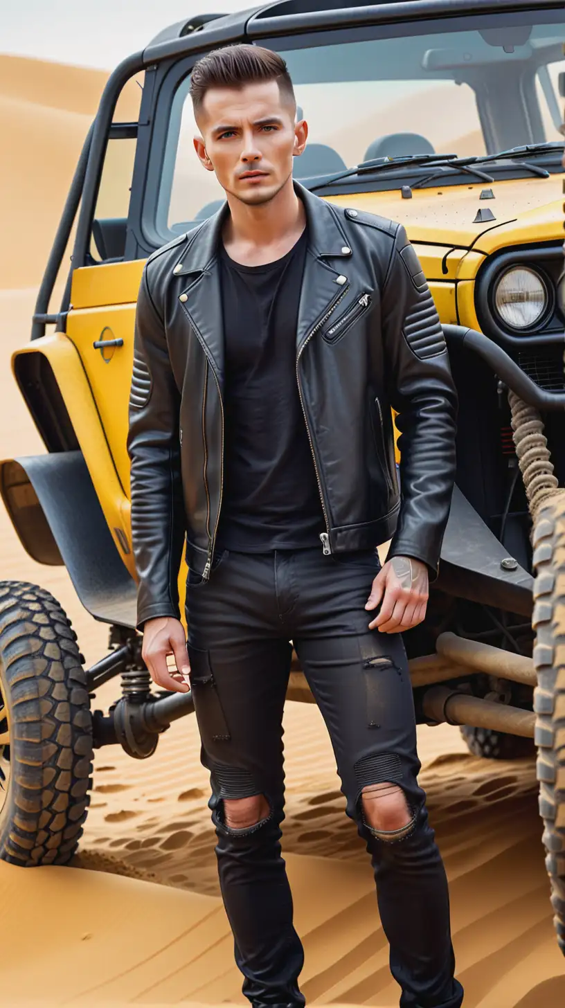 Modern Man in Black Leather Jacket Stands by OffRoad Vehicle in Yellow Sand
