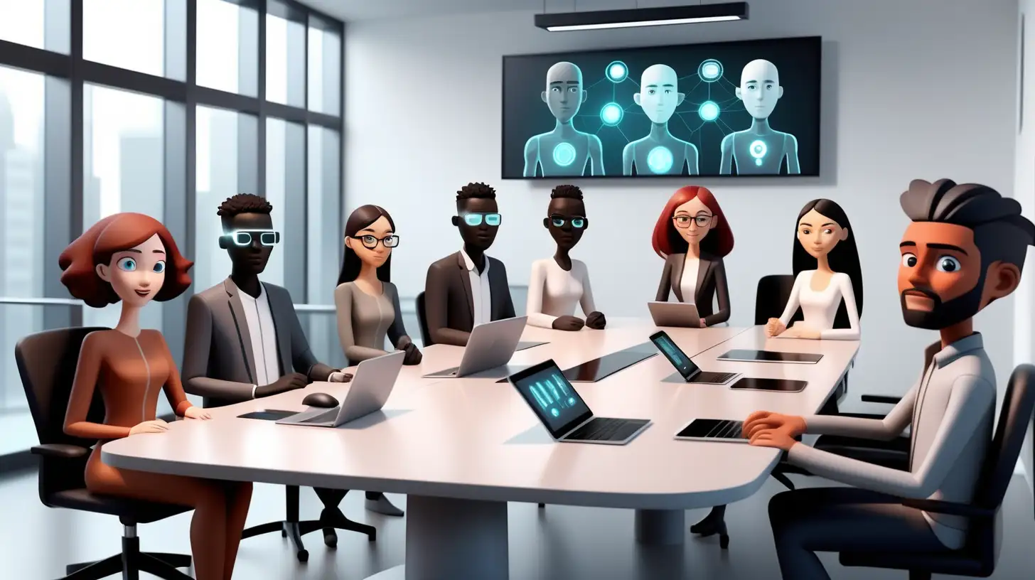 introduction of different animated participants without glasses and different ethnicities for iot meeting with futuristic electronics on a conference table