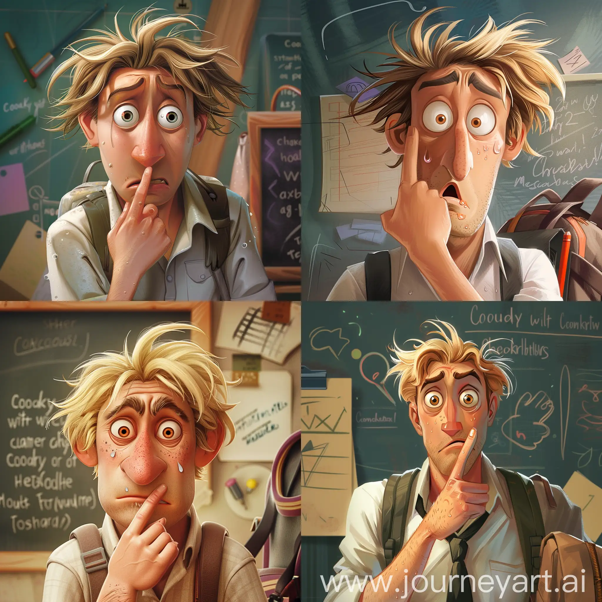 
**Concept Sketching:** Start by drafting a character with a strong resemblance to the protagonist from "Cloudy with a Chance of Meatballs," but aged up to depict a 40-year-old man with well-defined muscles, handsome features, and blonde hair. Capture his panicked expression with wide eyes and a finger pressed against tightly closed lips, along with a wary sidelong glance.

**Character Design Details:**
- Reflect the mature version of the "Cloudy with a Chance of Meatballs" character, ensuring the panicked and secretive demeanor is evident.
- Add details to emphasize the distress: beads of sweat on his forehead, dilated pupils, and a silent 'shush' gesture.
- Despite his age, include attributes that suggest he's a student, such as carrying a backpack, clutching academic books, or wearing a stylized school uniform.

**Background Elements:** Introduce a subtle item in the background to solidify his identity as a student, like a small school emblem, a chalkboard with scribbles, or a backpack spilling over with textbooks and notebooks.