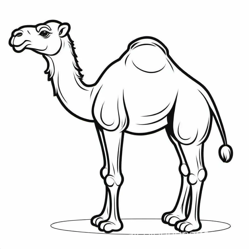 A cartoon illustration in black and white line art, of a  •Camel. The style is cute Disney with soft lines and delicate shading.  Coloring Page, black and white, line art, white background, Simplicity, Ample White Space. The background of the coloring page is plain white to make it easy for young children to color within the lines. The outlines of all the subjects are easy to distinguish, making it simple for kids to color without too much difficulty, Coloring Page, black and white, line art, white background, Simplicity, Ample White Space. The background of the coloring page is plain white to make it easy for young children to color within the lines. The outlines of all the subjects are easy to distinguish, making it simple for kids to color without too much difficulty