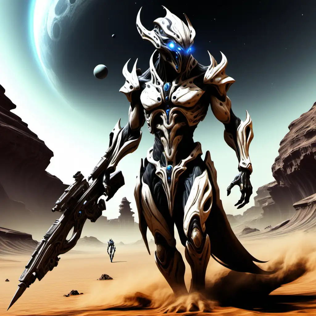 Symbiotic Biomechanical Warrior Roaming Alien Desert with Multiple Moons