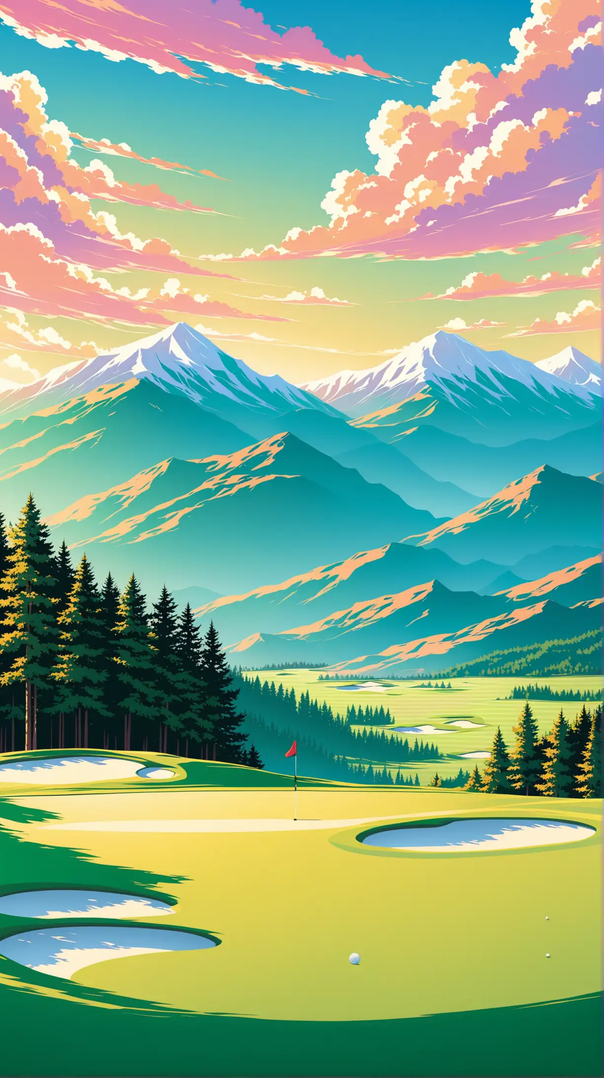 Scenic Golf Course with Mountainous Backdrop Tranquil Landscape Vector Illustration