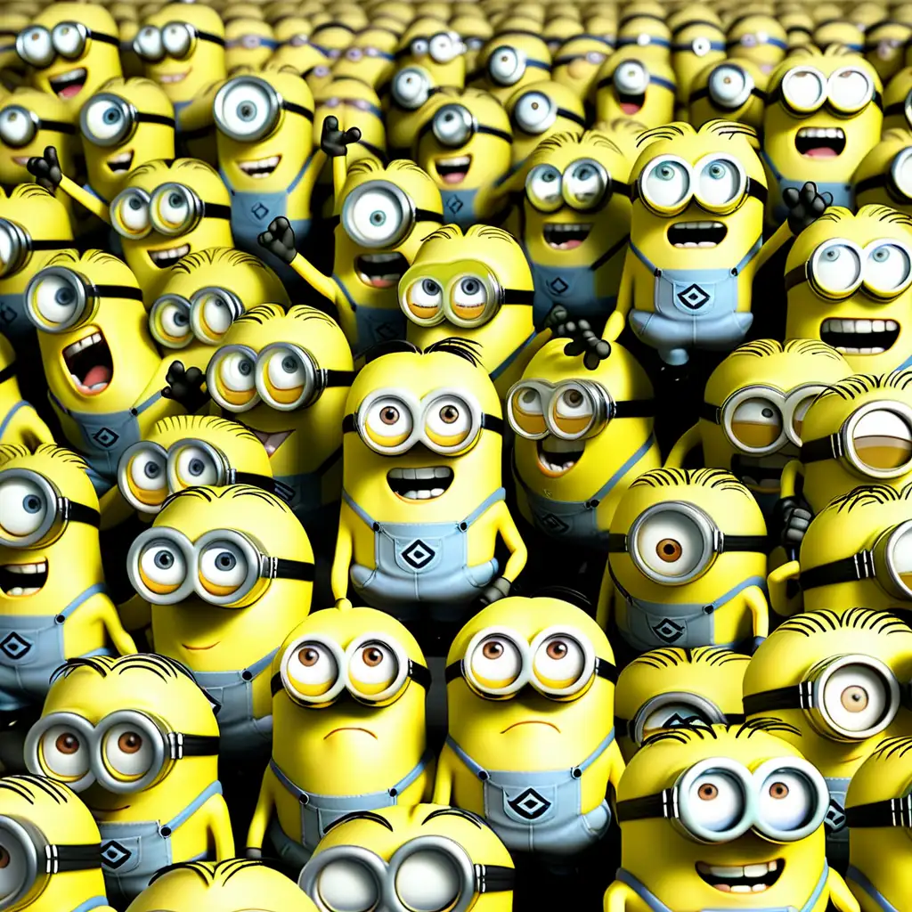 yellow minions in a crowd waving nd jumping up and down