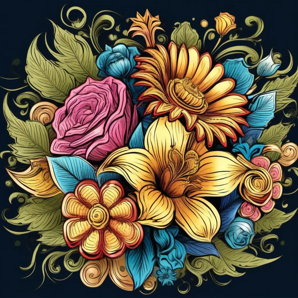 Vibrant Floral Bouquet with Rich Ornamentation Exquisite Colored Page Art