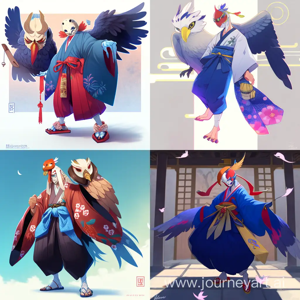 andsome man, Tengu yokai, blue bird mask on side of head, kimono with Hakama pants, geta shoes, best quality, perfect face, perfect hands
