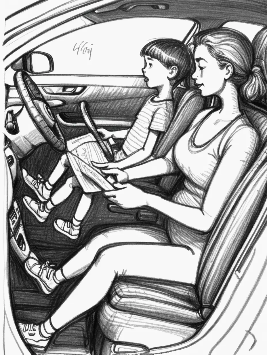 woman driving a car in the left seat, a child is in a car seat in the right seat, felt tip sketch